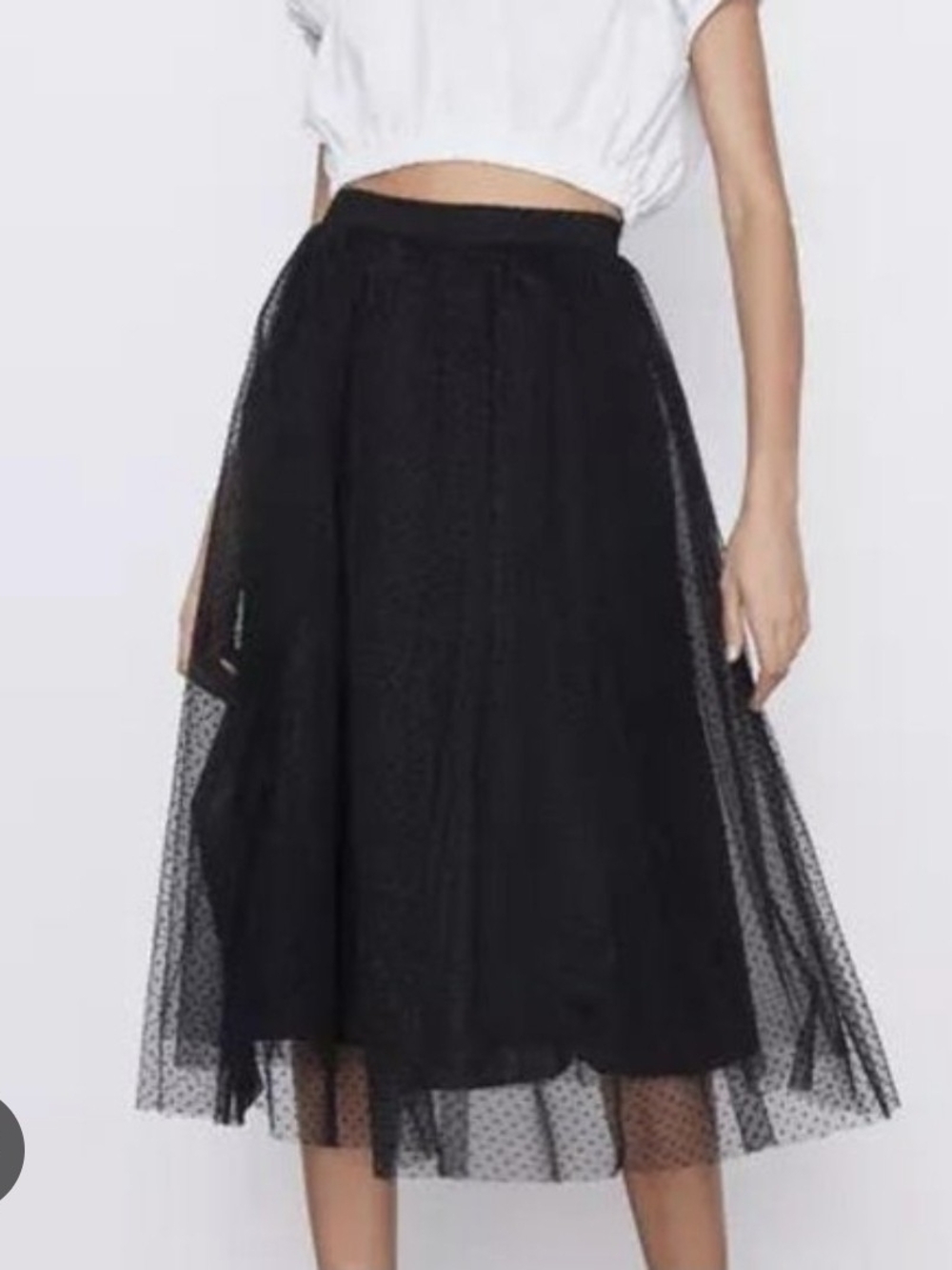 Zara Black Polka Dot Tulle Midi Skirt